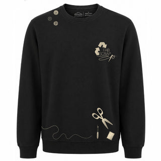 Front side of a black fleece crewneck sweatshirt featuring champagne screenprinted motifs and embroidery that celebrate FABSCRAP's mission and decade of work
