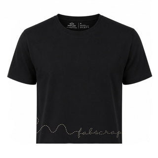 Black t-shirt in a cropped silhouette with champagne embroidery across the bottom that says 'fabscrap'