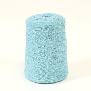 cone of aqua blue baby-slub yarn with a curly texture to it and a fine-gauge