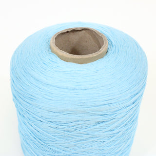 close-up of a large cone of fine-gauge arctic blue colored worsted yarn