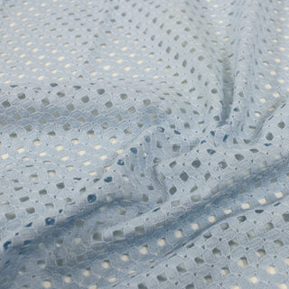 close-up of a baby blue lace fabric, detailing its fiber structure and surface pattern