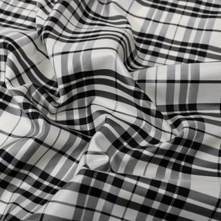close-up of a black and white plaid taffeta fabric
