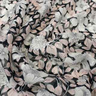 close-up of black, white, and pale pink silk crinkle chiffon fabric with a floral pattern