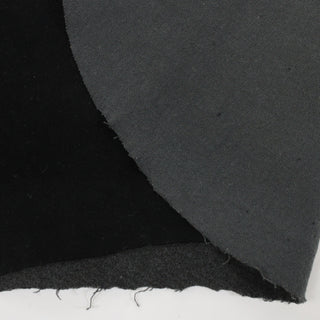 close-up of black lambkin stretch suede hide, showing the front and folded over grey knit backing
