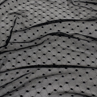 close-up of black polka dot mesh fabric, detailing the knit structure