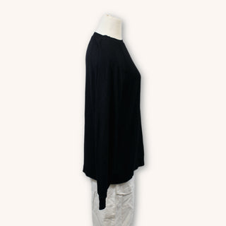 black crew neck sweater viewed from the side