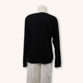 back view of black crew neck sweater