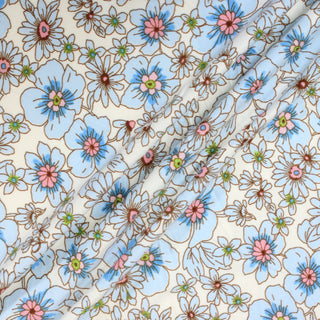 three diagonal lines of a blue flower power print jersey fabric