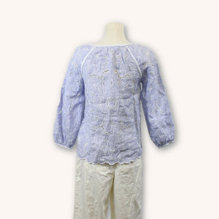 back view of a 100% linen blouse, blue and white pinstripe pattern with embroidered cutouts throughout