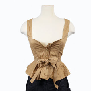 brown button up top with tie closure around waist and self-covered buttons