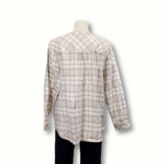 back view of a brushed flannel plaid button up shirt with a light-neutrals color palette