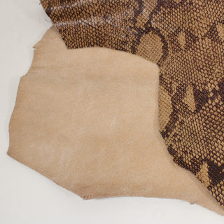 detail shot of a piece of cowhide, showing both sides: face is caramel and dark brown colored embossed snakeskin pattern with a slight shine, back is a light brown colored rough suede