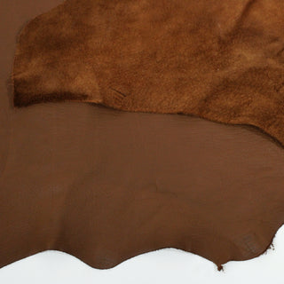 front and back of a cinnamon colored calfskin leather hide