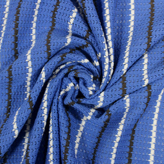 swirl of white, brown, and cornflower blue striped knit novelty fabric