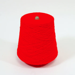 a cone of bright crimson worsted fine-gauge synthetic yarn