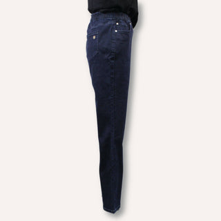 side view of dark wash flare jeans with an elastic waist and 5 pockets