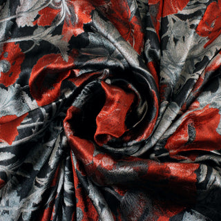 swirl of red, black, and silver floral silk jacquard fabric