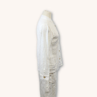 side view of gauzy white button up shirt