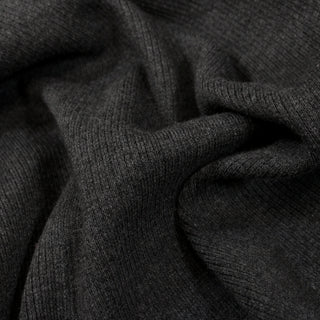 close-up of a heathered graphite colored 2x2 rib knit jersey fabric