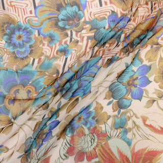 three diagonal lines draped of an airy silk chiffon fabric with a groovy multicolor floral and geometric print