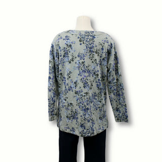 back view of a floral henley sweatshirt