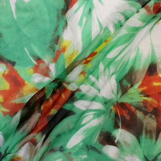 three diagonal lines draped of an impressionist-style floral silk chiffon fabric in green, orange, yellow, white, and brown colors