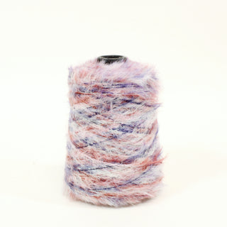 small cone of purple, pink, red, and white multicolor fine-gauge eyelash yarn