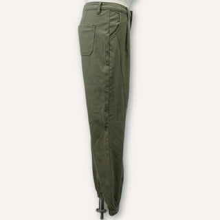 side view of olive green pants on a mannequin