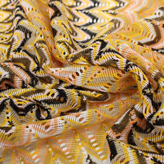 close-up of peach and brown novelty chevron knit, detailing the knit eyelet structure and stripey color variation