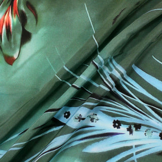 three diagonal lines draped of an abstract green printed crepe de chine fabric