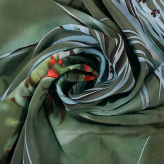 swirl of an abstract crepe de chine fabric, detailing its drape and subtle surface sheen