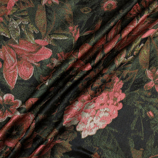 three diagonal lines draped of a pink and dark green colored jacquard-woven floral silk fabric