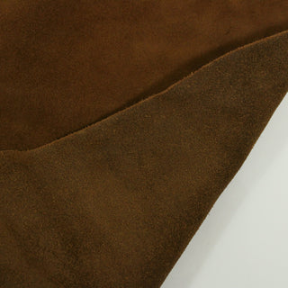front and back of russet brown cowhide suede piece, detailing its rough texture and heavy hand