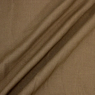 three draped lines of sandy brown colored textural woven upholstery fabric, demonstrating the stiff hand and textural face