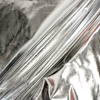 three diagonal lines draped of a silver metallic pleather vinyl fabric to demonstrate its reflectiveness 