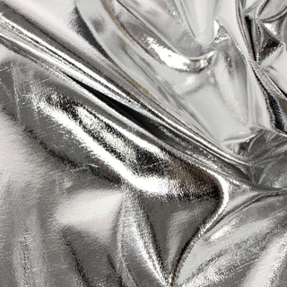 Close-up of silver metallic vinyl fabric with reflective surface