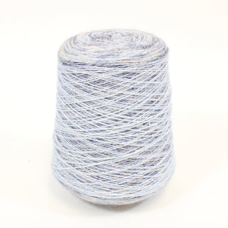 cone of fine-gauge light blue multicolored worsted-twist yarn