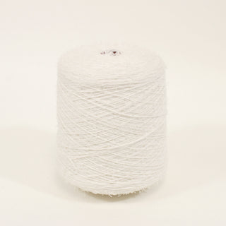 cone of snow white colored eyelash yarn of a fine-gauge and loose twist