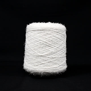 cone of snow white colored eyelash yarn of a fine-gauge and loose twist