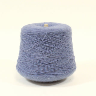 a cone of fine-gauge steel blue colored worsted yarn