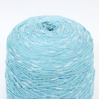 close-up of a large aqua blue colored yarn cone with white and silver slub yarns