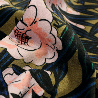 close-up of floral printed multicolor velveteen upholstery fabric