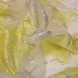 close-up of a yellow metallic floral fabric, detailing the jacquard weave and lurex threads