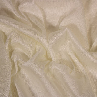 Close up of a cream open mesh fabric, detailing the drape and surface shine.