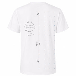 Back of a white crewneck tshirt with blue gridded sewing-pattern-paper motif screenprinted on the right body with graphite-grey puff-screenprint motifs on center and left body