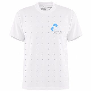 Front of a white crewneck tshirt with blue gridded sewing-pattern-paper print screenprinted across body, featuring a limited-edition blue screenprinted FABSCRAP logo at wearer's left chest.