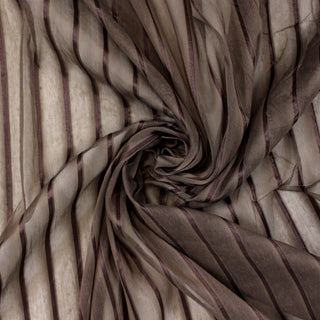 Swirl of a brown striped mesh fabric, detailing the drape and surface shine of the fabric.