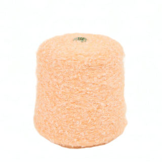 Cone of peach color loop yarn on a white background.