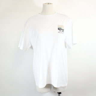 White t-shirt with a small logo on a mannequin against a white background