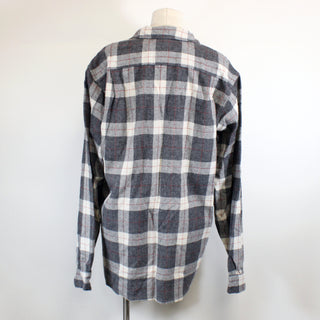 back view of a vintage brushed flannel plaid button up shirt